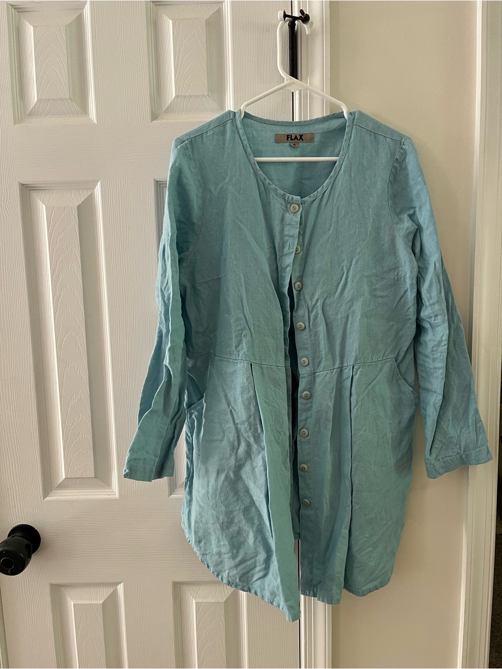 Flax Light Aqua Linen Button-Front Top